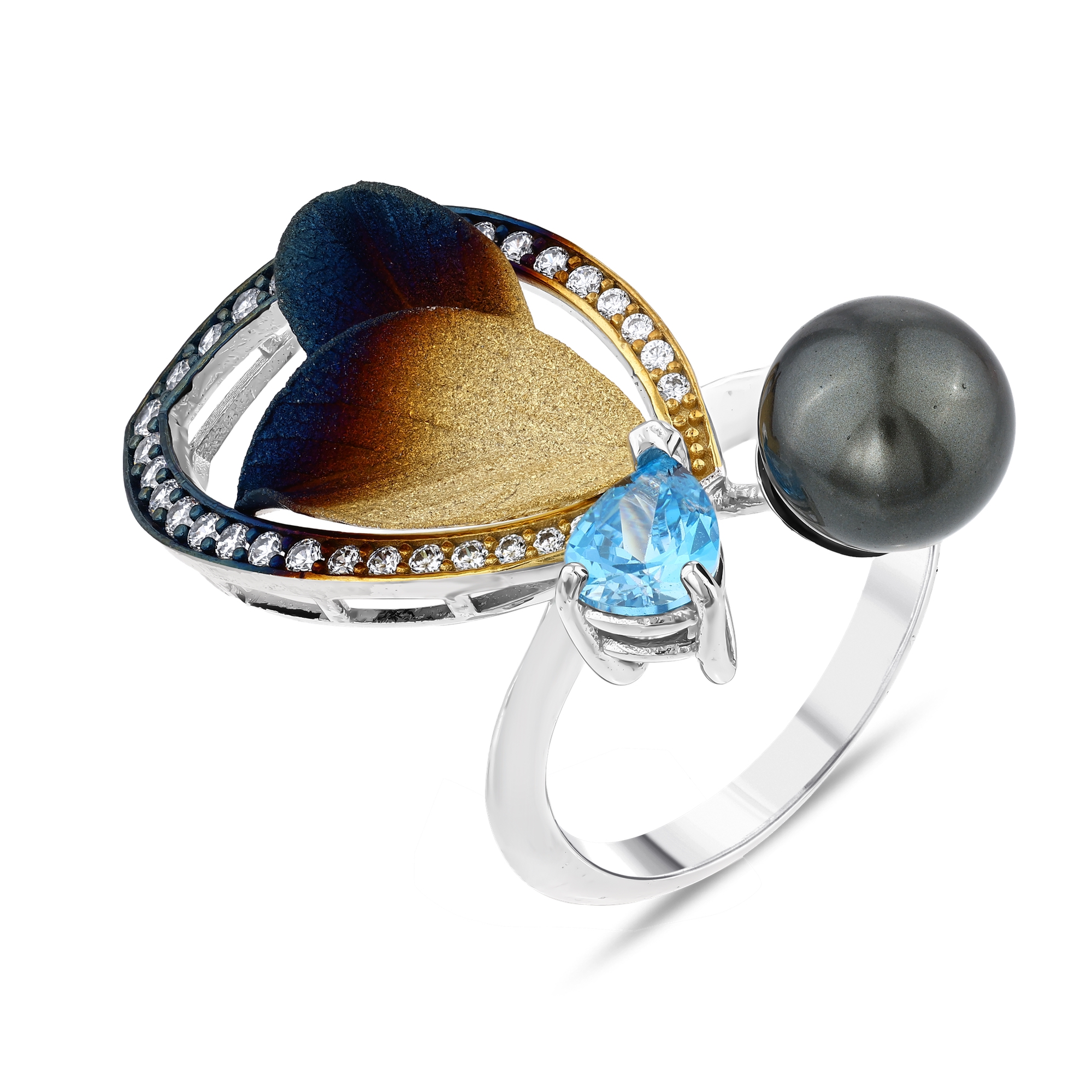 Global Warming Pearl and Blue Topaz Leaf Design Silver Ring