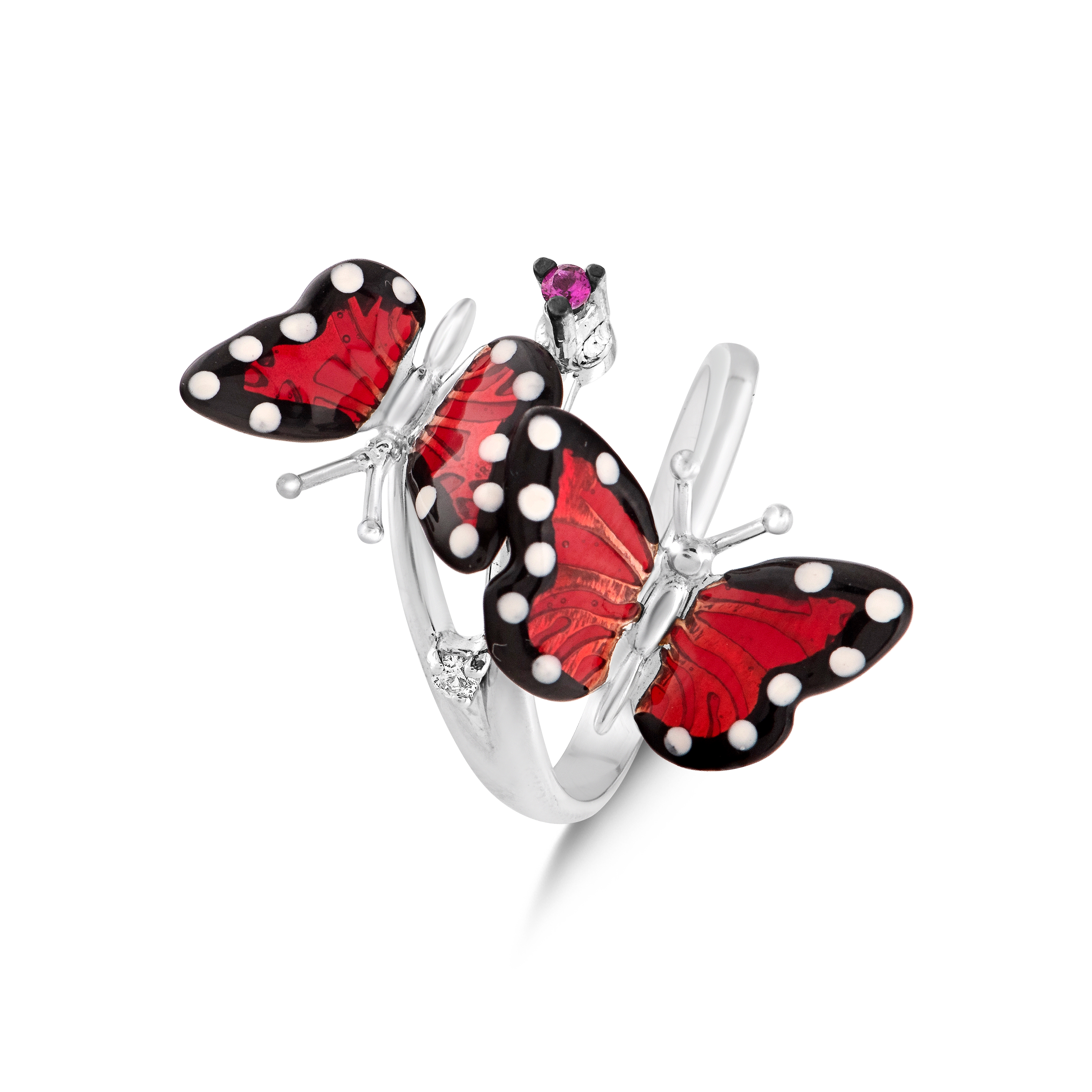 Monarch Butterfly Pink Stone Detail Double Butterfly Silver Ring