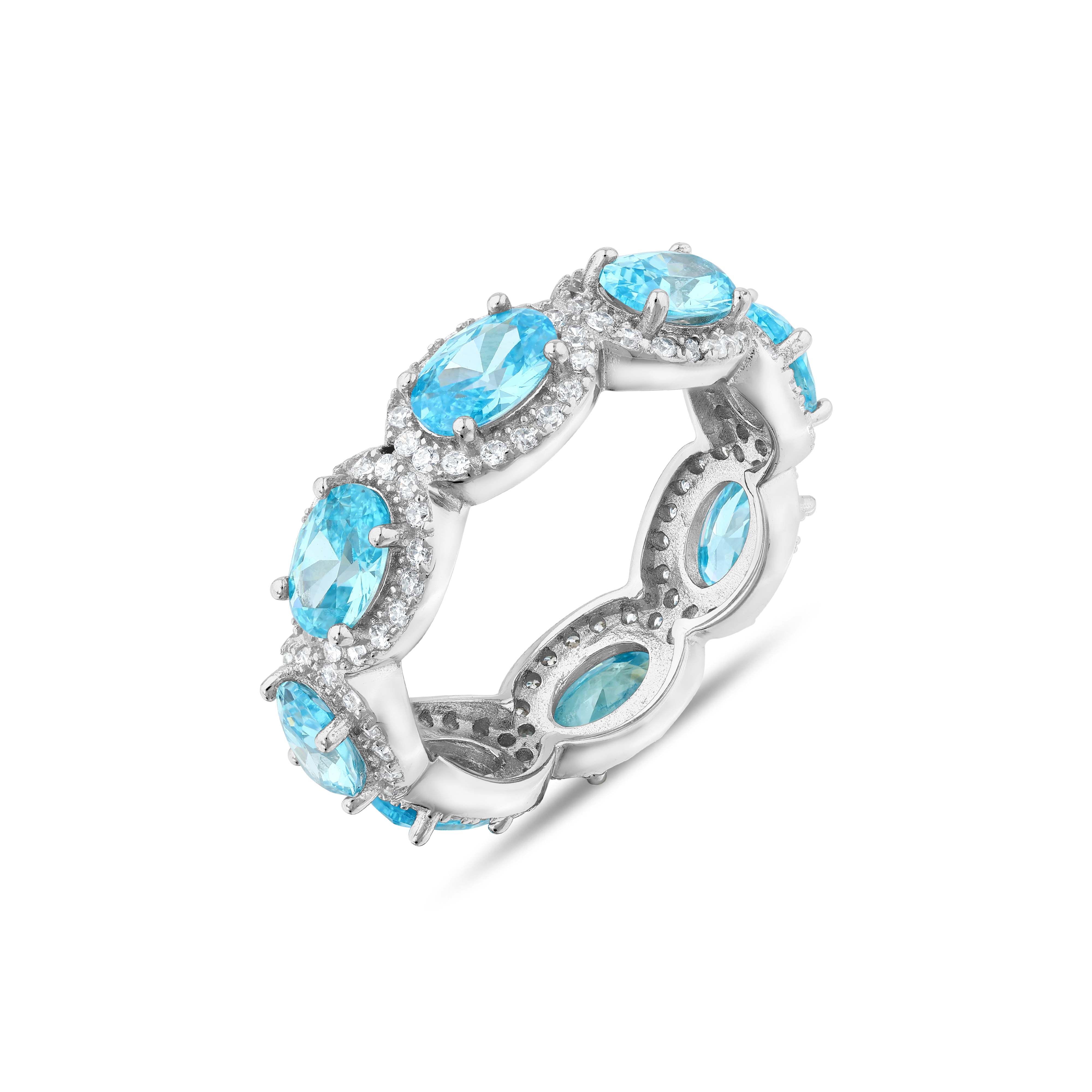 Baguette Collection Stone Framed Blue Oval Full Eternity Silver Ring