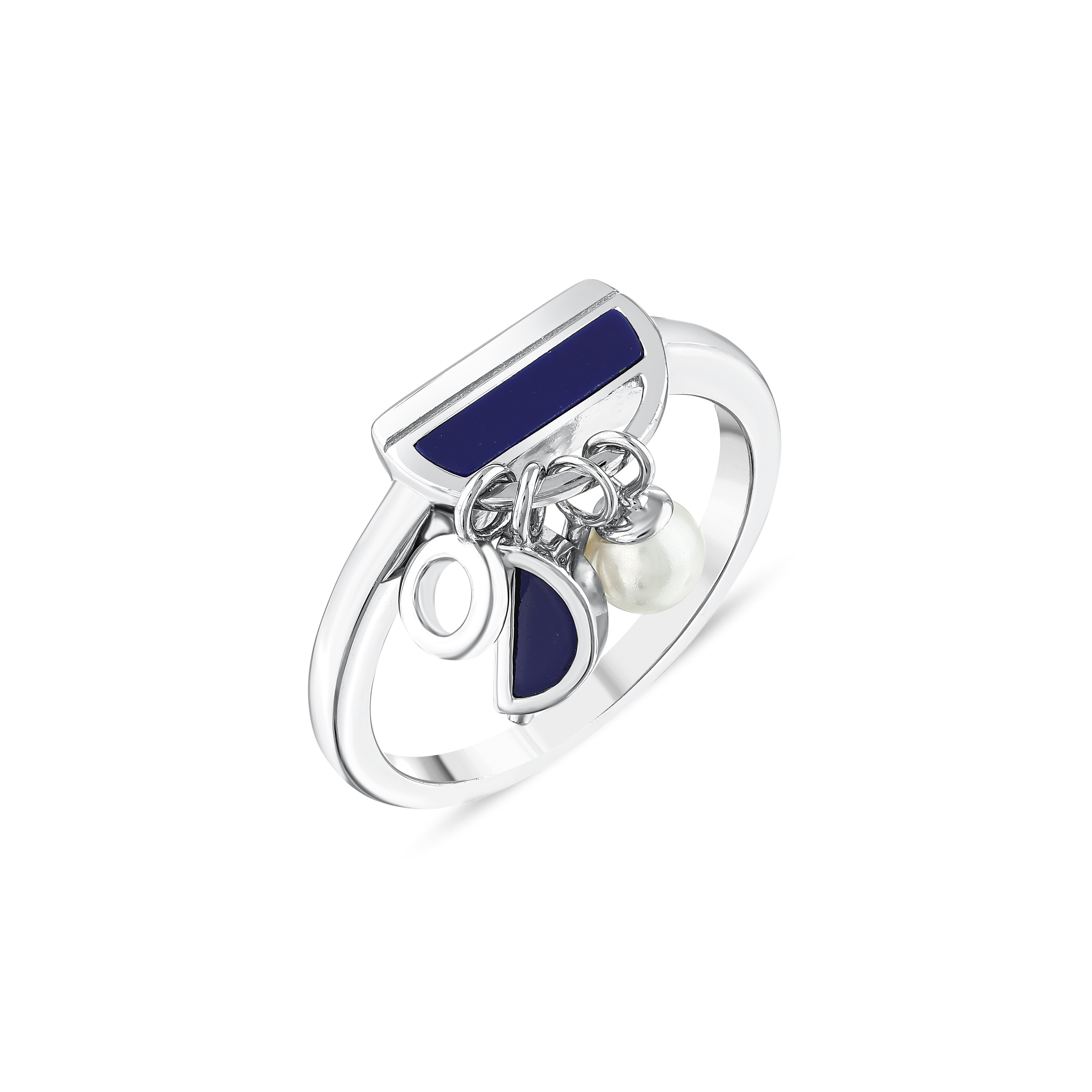 Lucky Gems Collection Lapis and Pearl Dangle Silver Ring