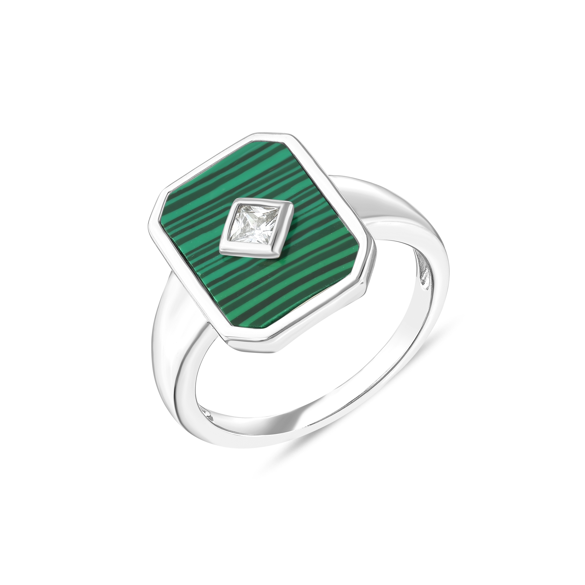 Lucky Gems Collection Rectangular Silver Ring with Malachite Stone