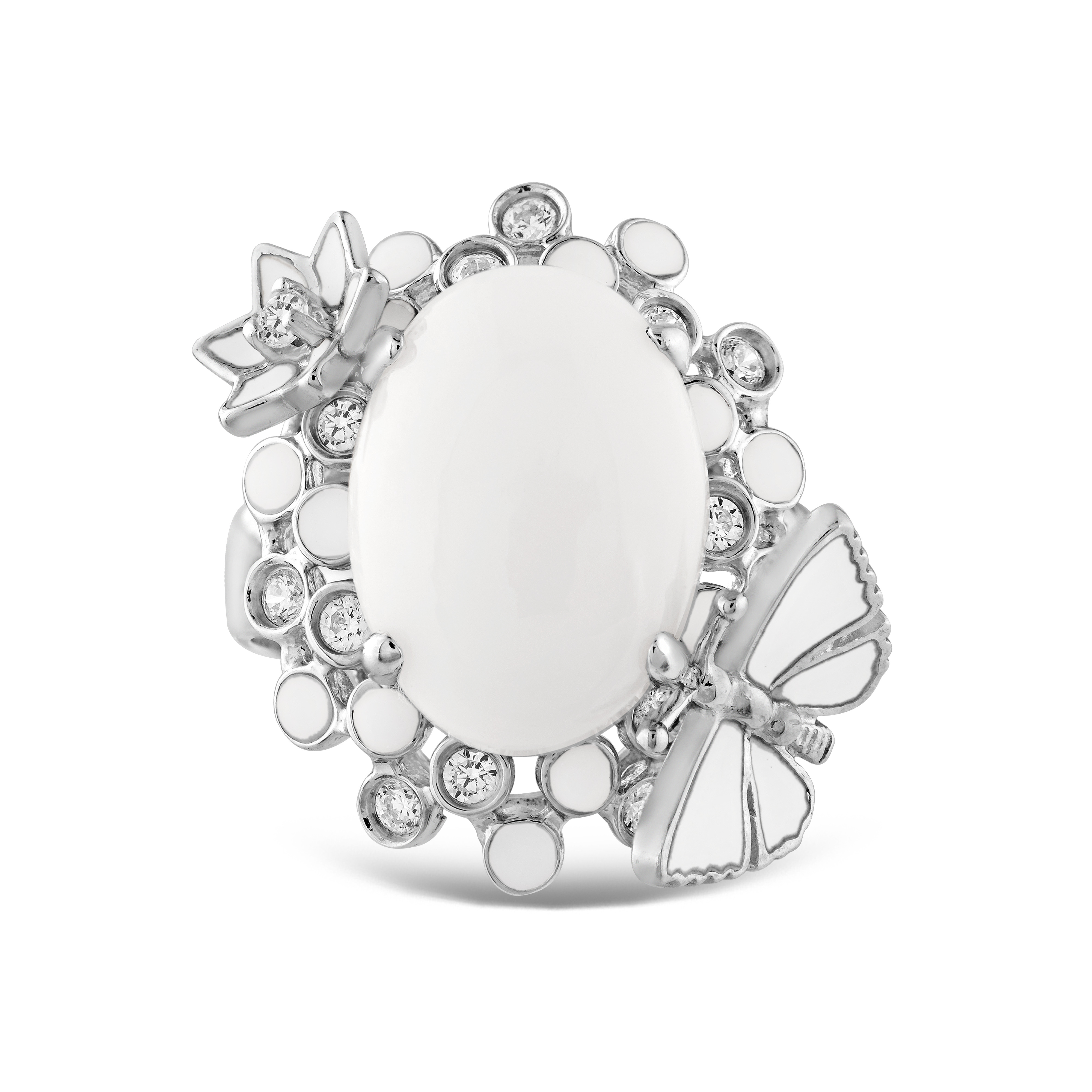 Эффектное серебряное кольцо White Dreams Oval с белыми камнями, цветами и бабочками