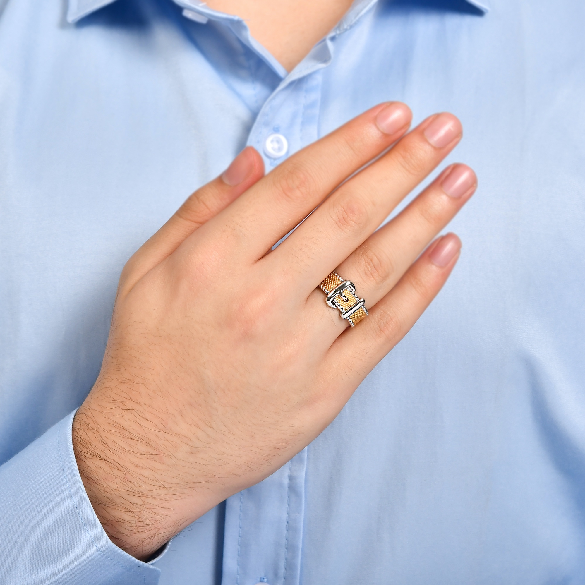Bravoman Collection Gold-Tone Mesh Ring with Buckle Detail
