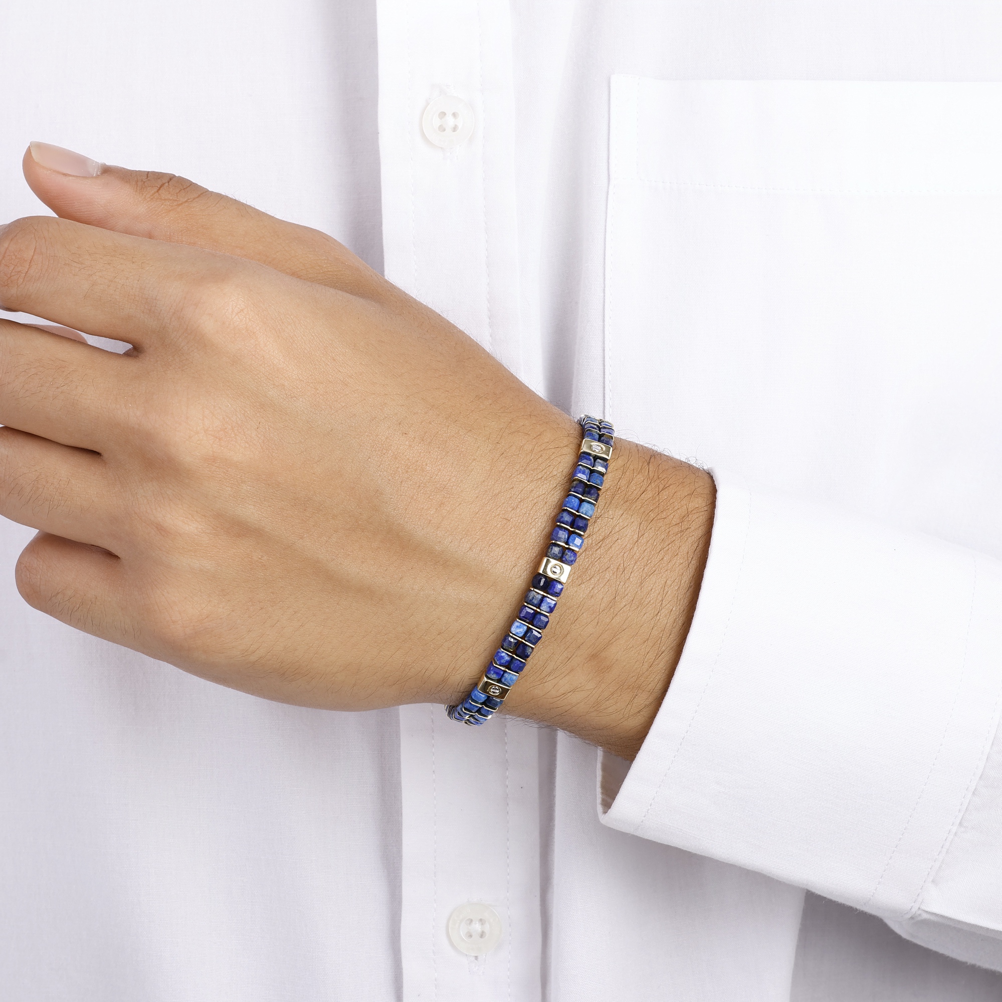Bravoman Lapis Lazuli Stone Bracelet with Silver Details for Men
