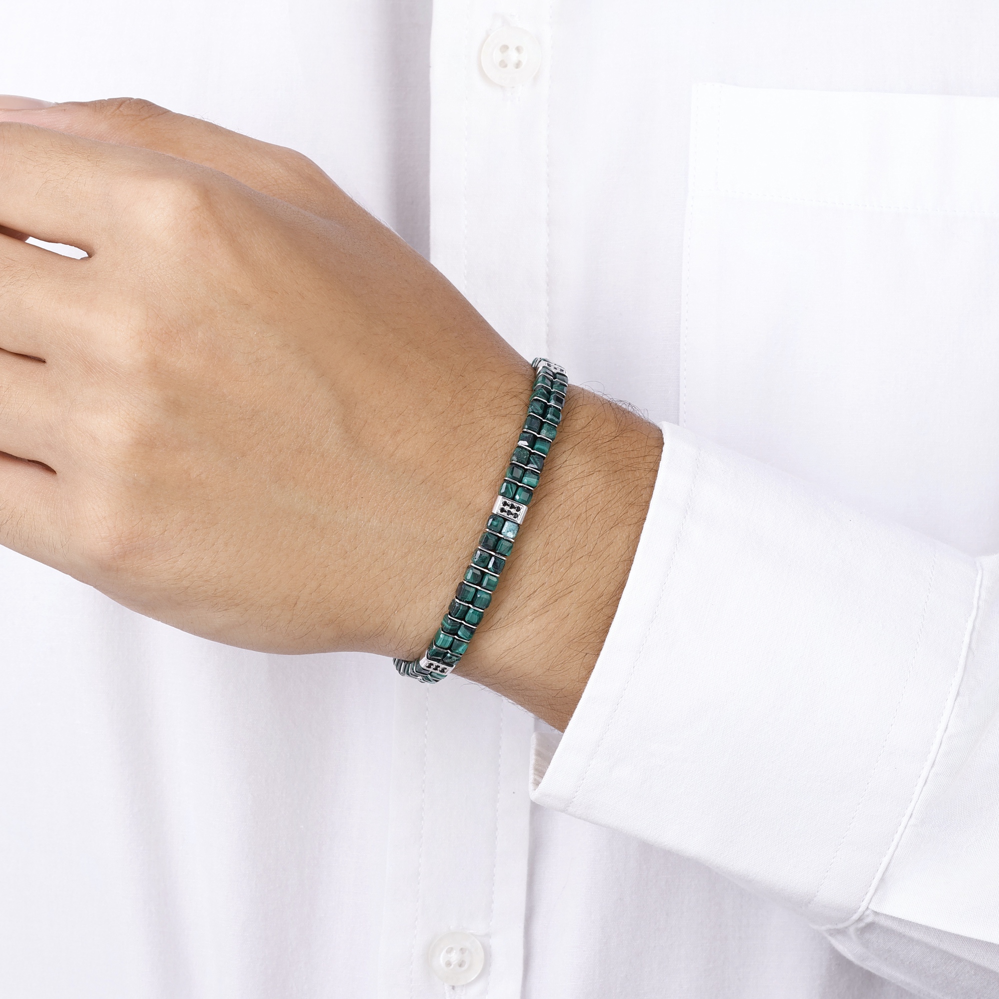 Bravoman Malachite Stone Bracelet with Silver Details for Men