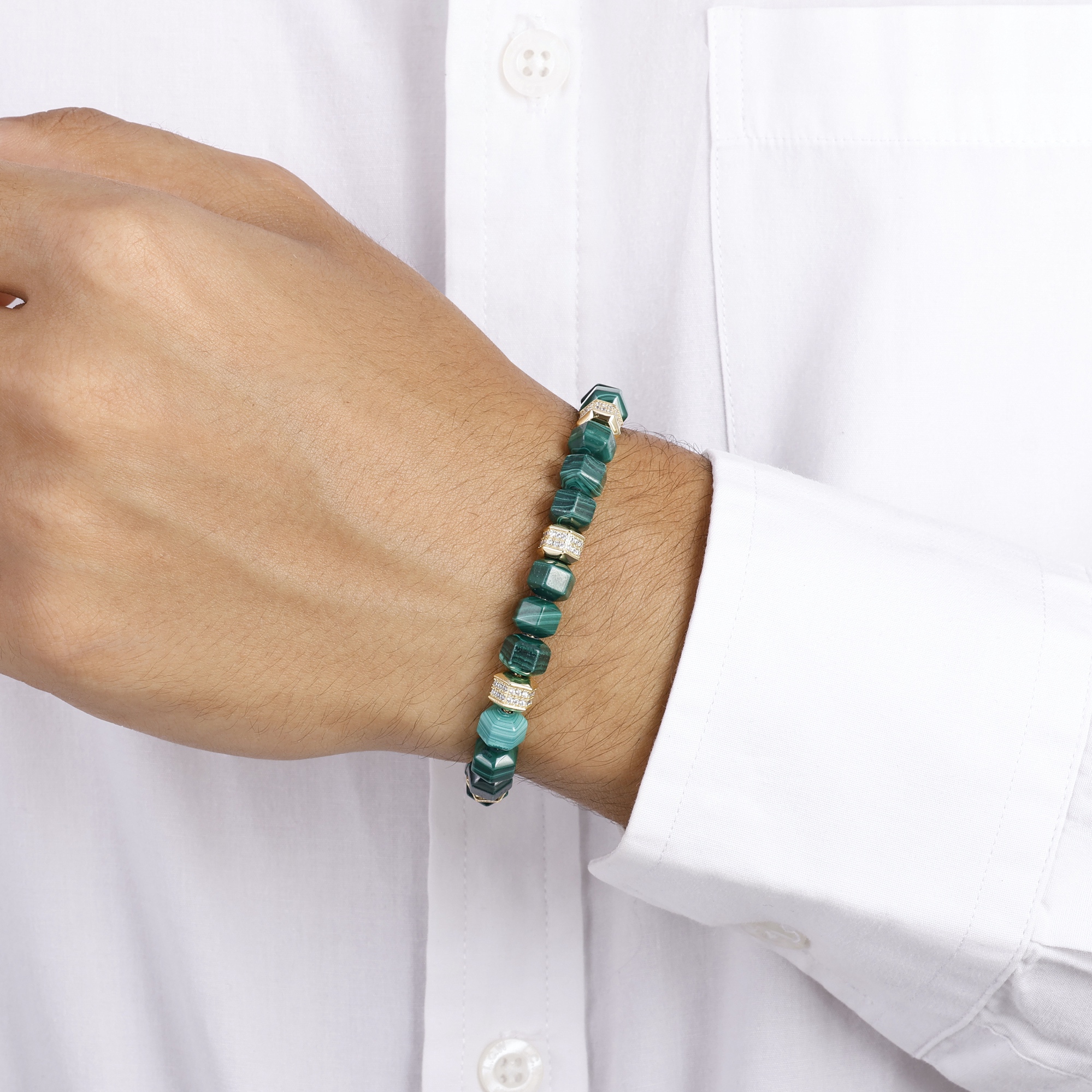 Bravoman Green Natural Stone Bracelet with Gold Details for Men