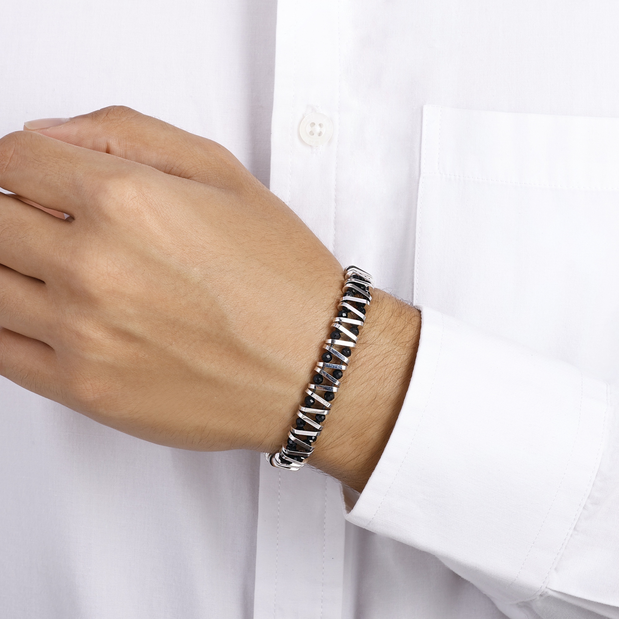 Bravoman Black Stone Silver-Tone Men's Bracelet