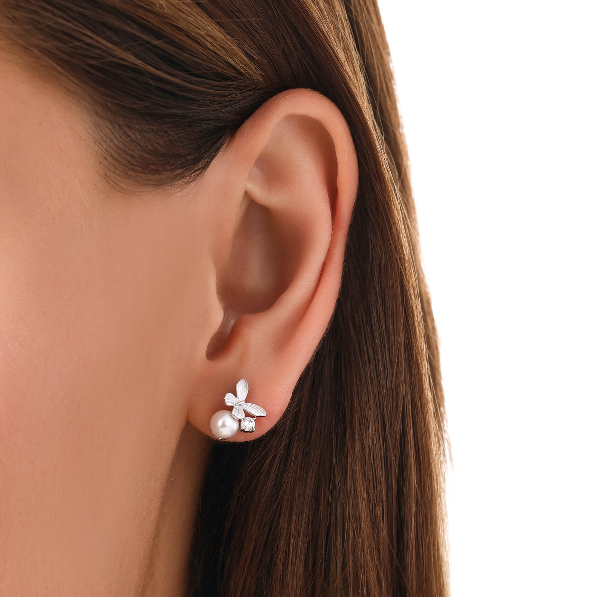 Gift Collection Butterfly Detail Pearl and Zircon Stone Silver Earrings