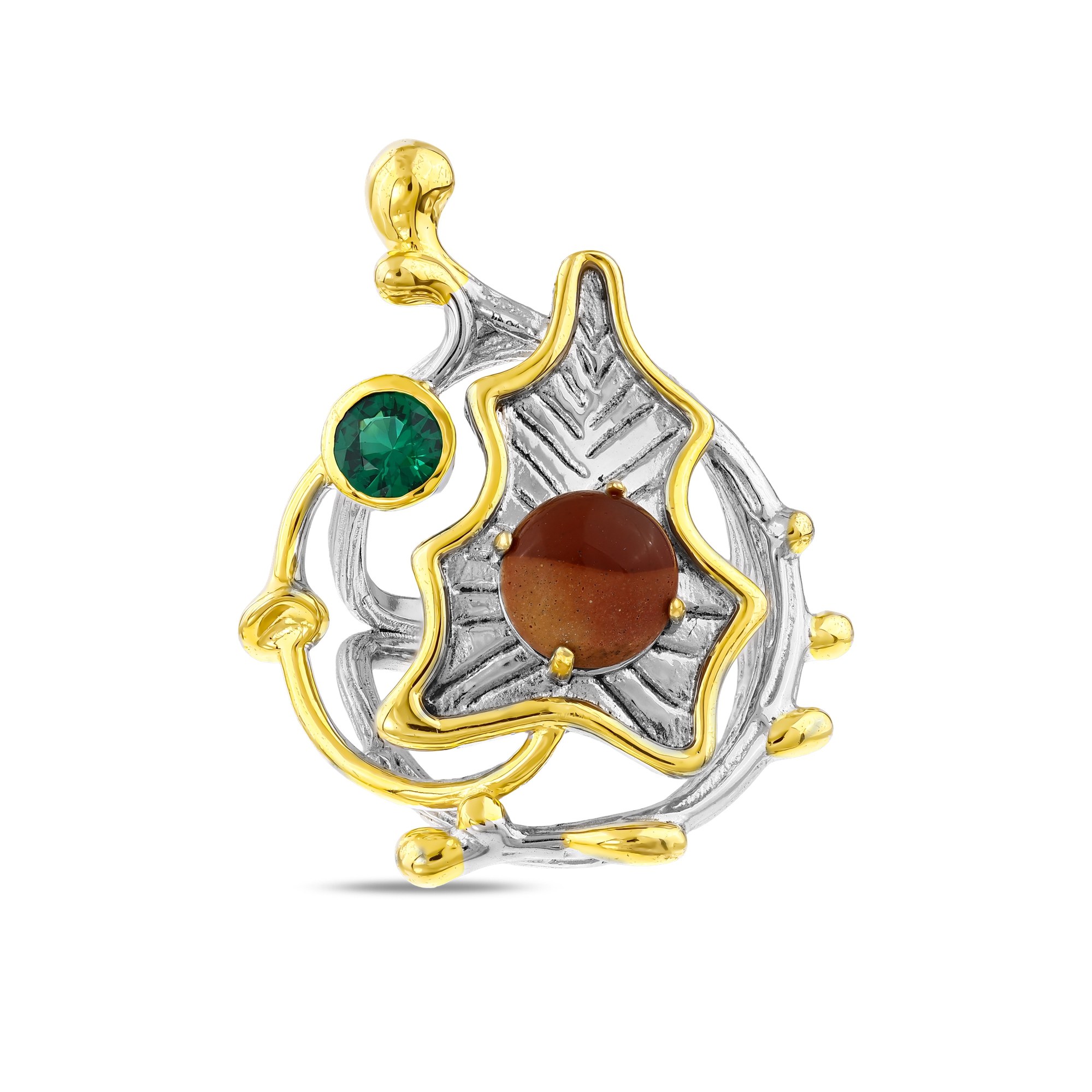 Kaleidoscope Gold Plated Natural Stone Detailed Leaf Ring